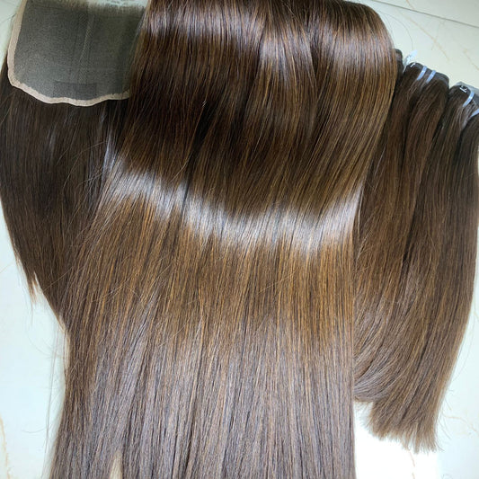 Raw Straight Double Natural brown Vietnamese hair bundles. (Matching 5x5 closure is available)